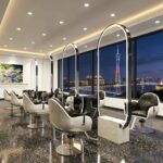 Silver finish barber shop mirror with marble base, stylish salon mirror station for modern barbershops