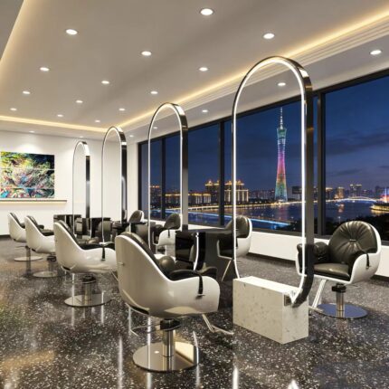 Silver finish barber shop mirror with marble base, stylish salon mirror station for modern barbershops