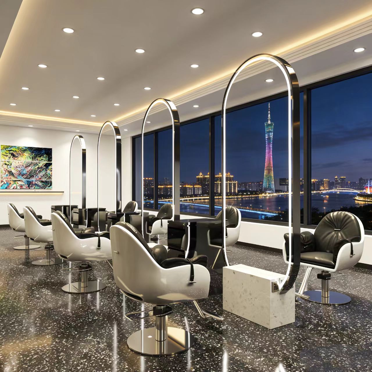 barber-shop-mirror-marble-base-silver-style Silver finish barber shop mirror with marble base, stylish salon mirror station for modern barbershops