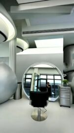 Unique style half sphere barber mirror station, multi-port power strip at the bottom, full circle LED light, durable stainless steel salon furniture