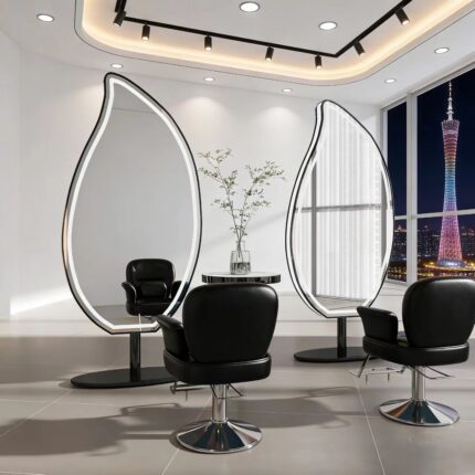 Custom-size unique design salon mirror, leaf-shaped LED hairdressing mirror with stainless steel frame