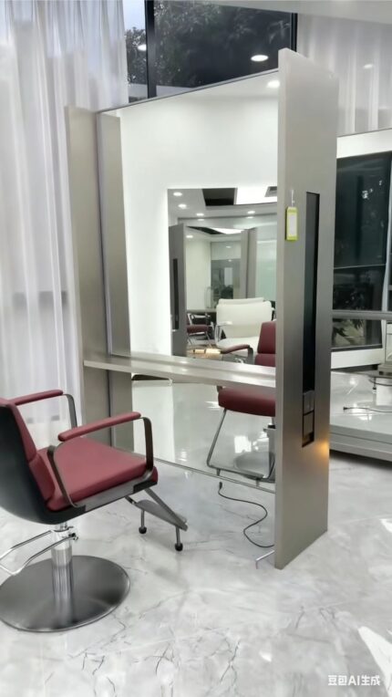 ndustrial style high quality salon mirror station with sleek metal frame, ideal for modern barber shops and hair salons.
