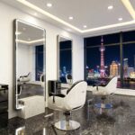 luxury hair salon mirror station with stainless steel frame