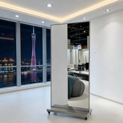 Main view of movable barber mirror with wheels, freestanding salon mirror