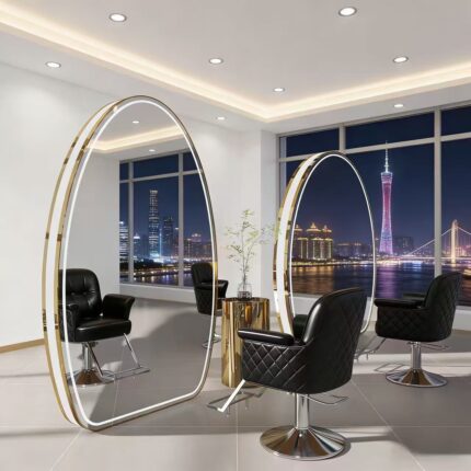 premium round LED salon mirror with gold stainless steel frame