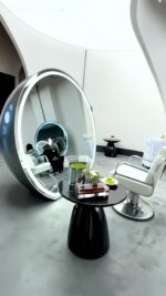 Unique style half sphere barber mirror station, minimalist salon furniture with curved stainless steel cabinet, strong visual impact
