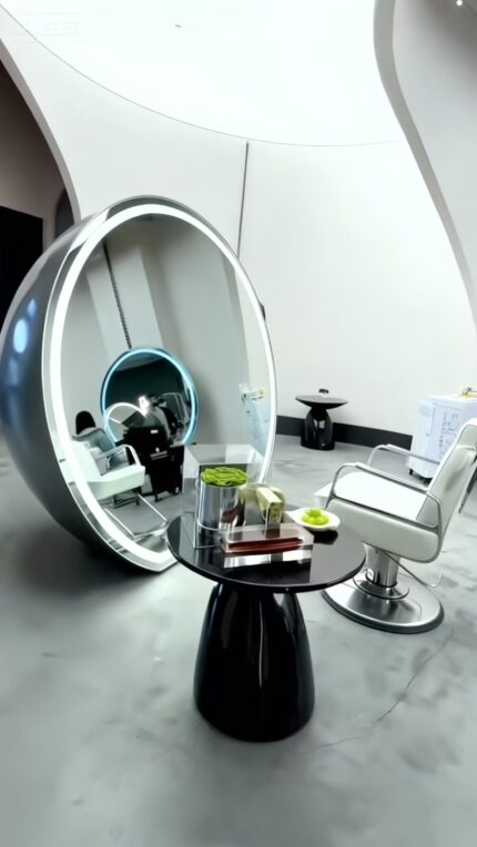 Unique style half sphere barber mirror station, minimalist salon furniture with curved stainless steel cabinet, strong visual impact