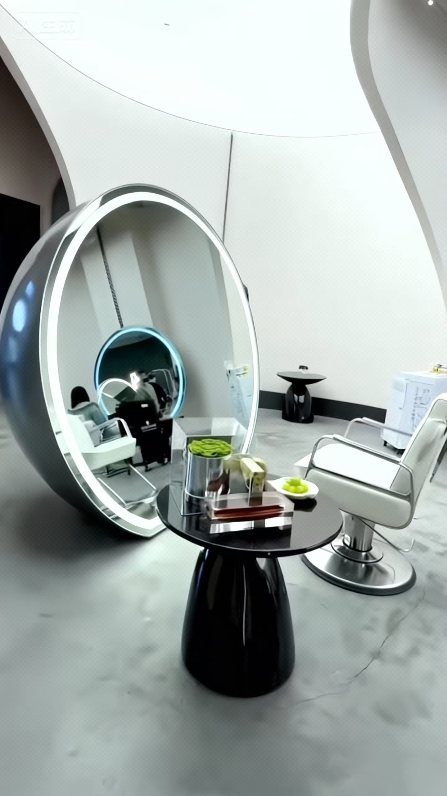 Unique style half sphere barber mirror station, minimalist salon furniture with curved stainless steel cabinet, strong visual impact