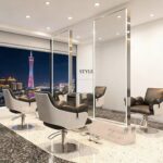 luxury hair salon mirror station with stainless-steel-salon-mirror-marble-base, luxury hair salon mirror station with LED lighting