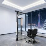 Trendy viral salon mirror for social media photos featuring asymmetric stainless steel frame and unique LED lighting, perfect for elegant lady influencer check-in selfies.